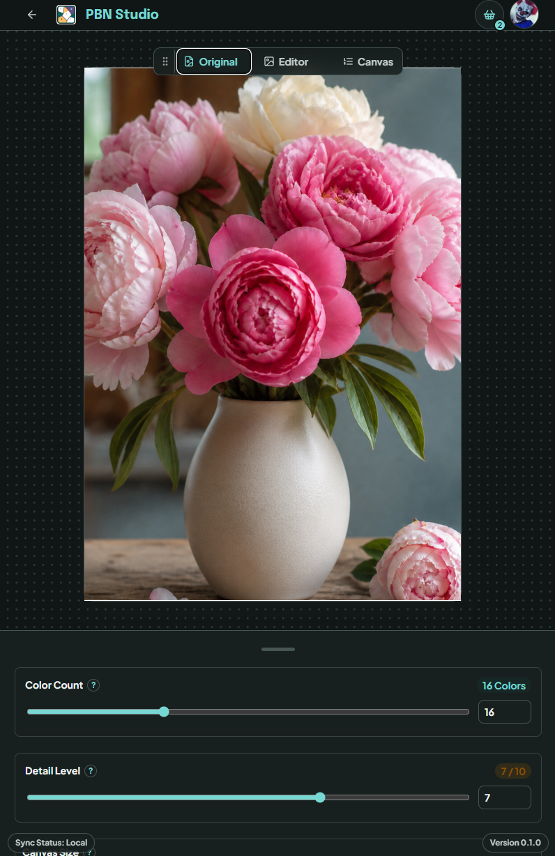 A source photograph of pink flowers in a vase ready to become a paint-by-number project