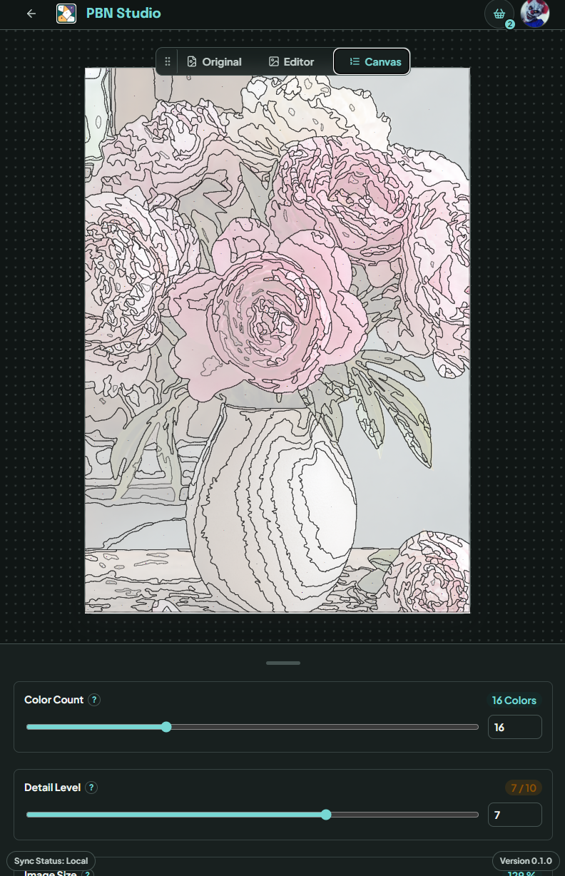PBN Studio canvas showing the generated paint-by-number pattern