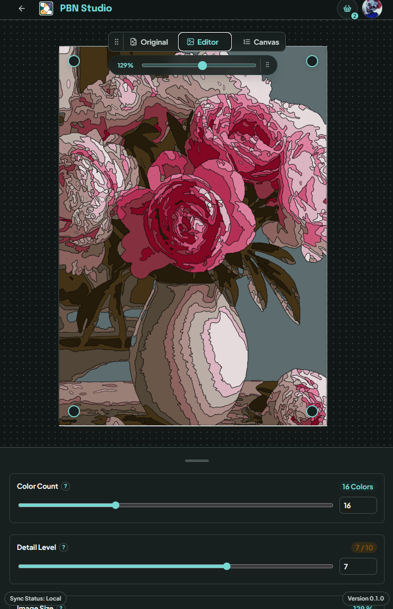 PBN Studio editor showing a numbered flower pattern with adjustable controls