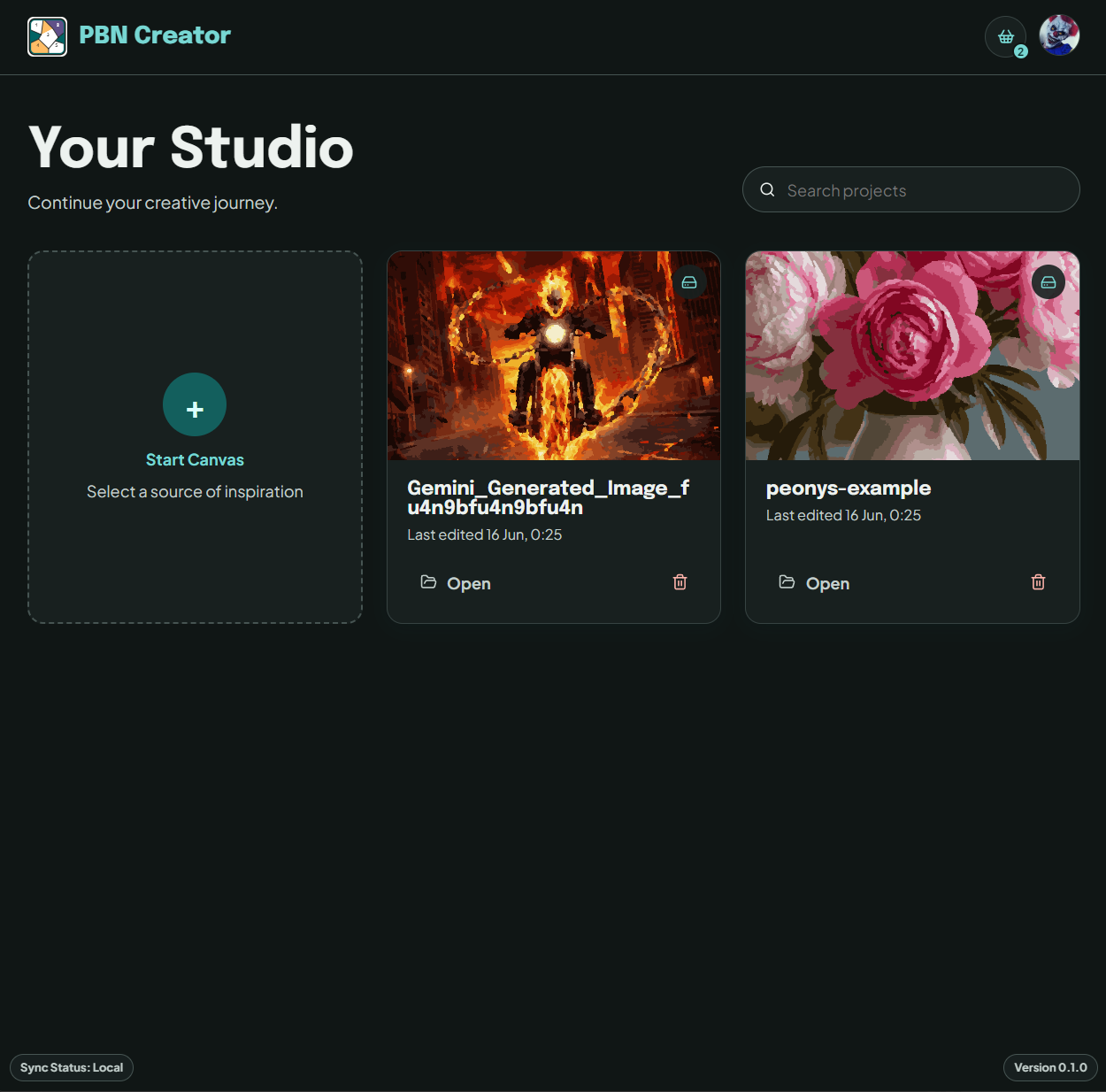 PBN Studio home screen for starting and managing paint-by-number projects